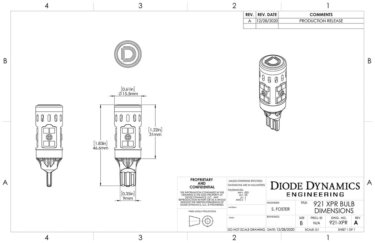 Diode Dynamics 921 XPR LED bulbs for trucks and SUVs – dimensions