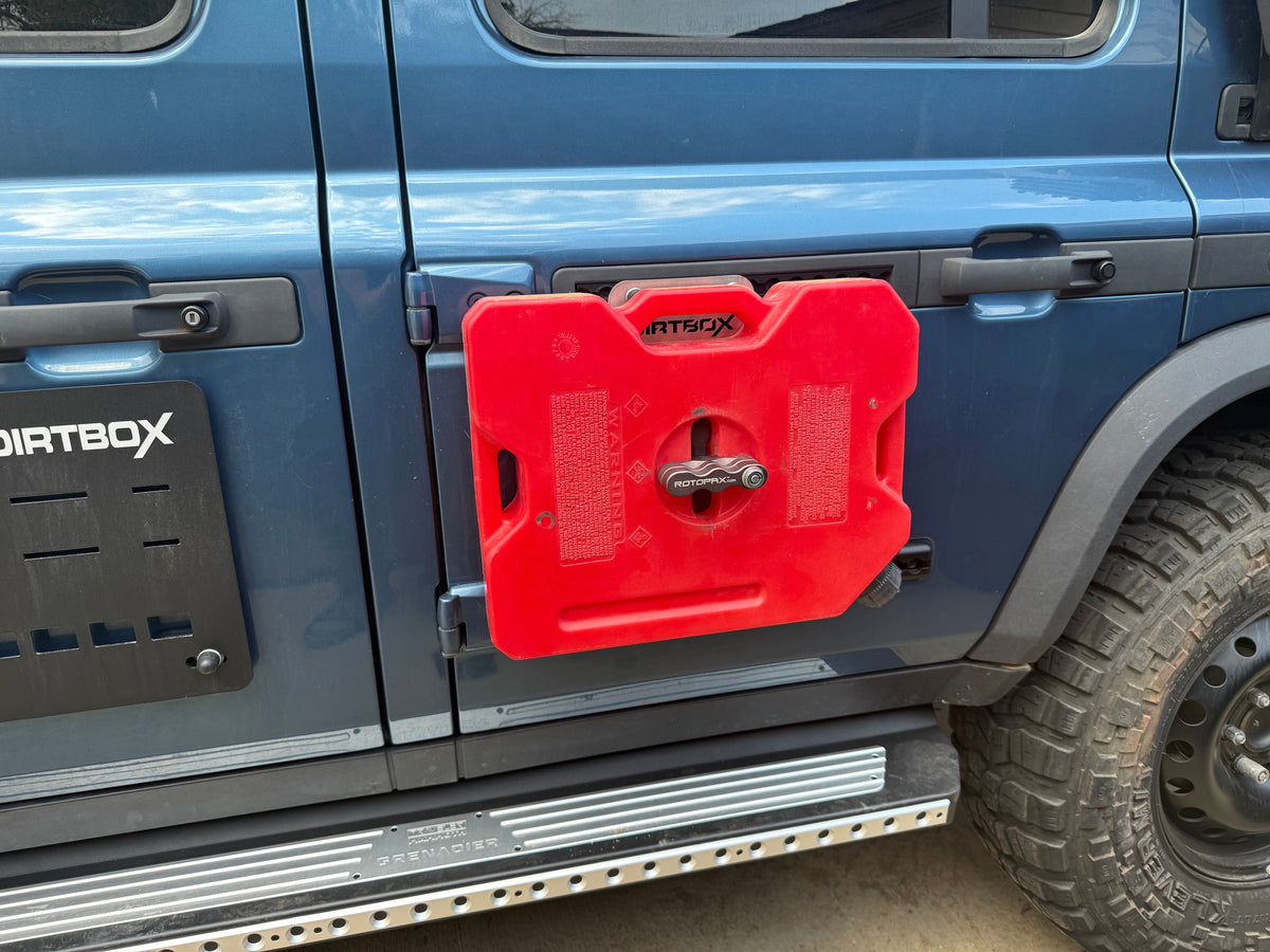 Dirtbox stainless side door RotopaX mount for INEOS Grenadier and Quartermaster