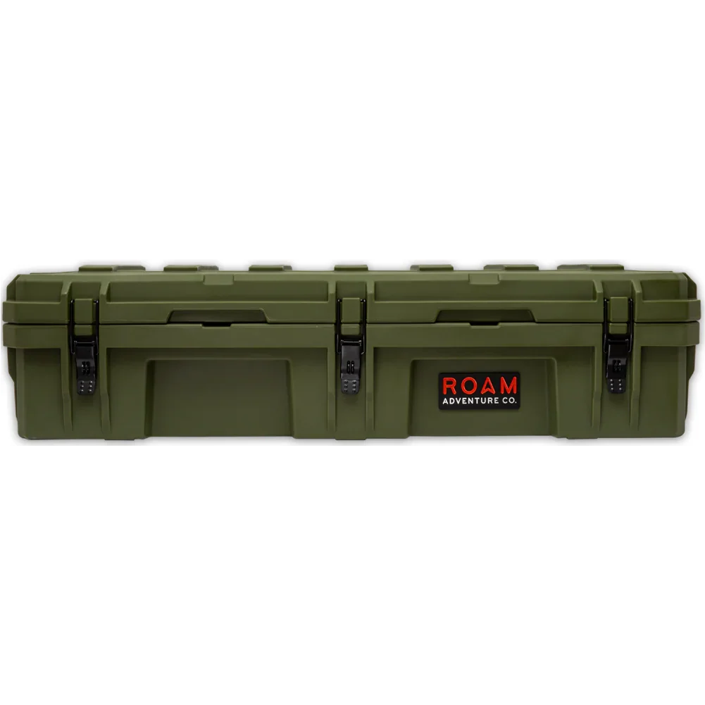 Olive green rooftop cargo storage case with secure latches for overlanding vehicles