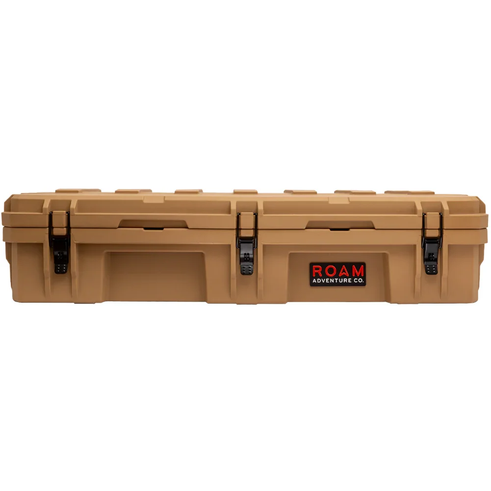 Tan hard storage case with secure latches for overlanding or camping gear