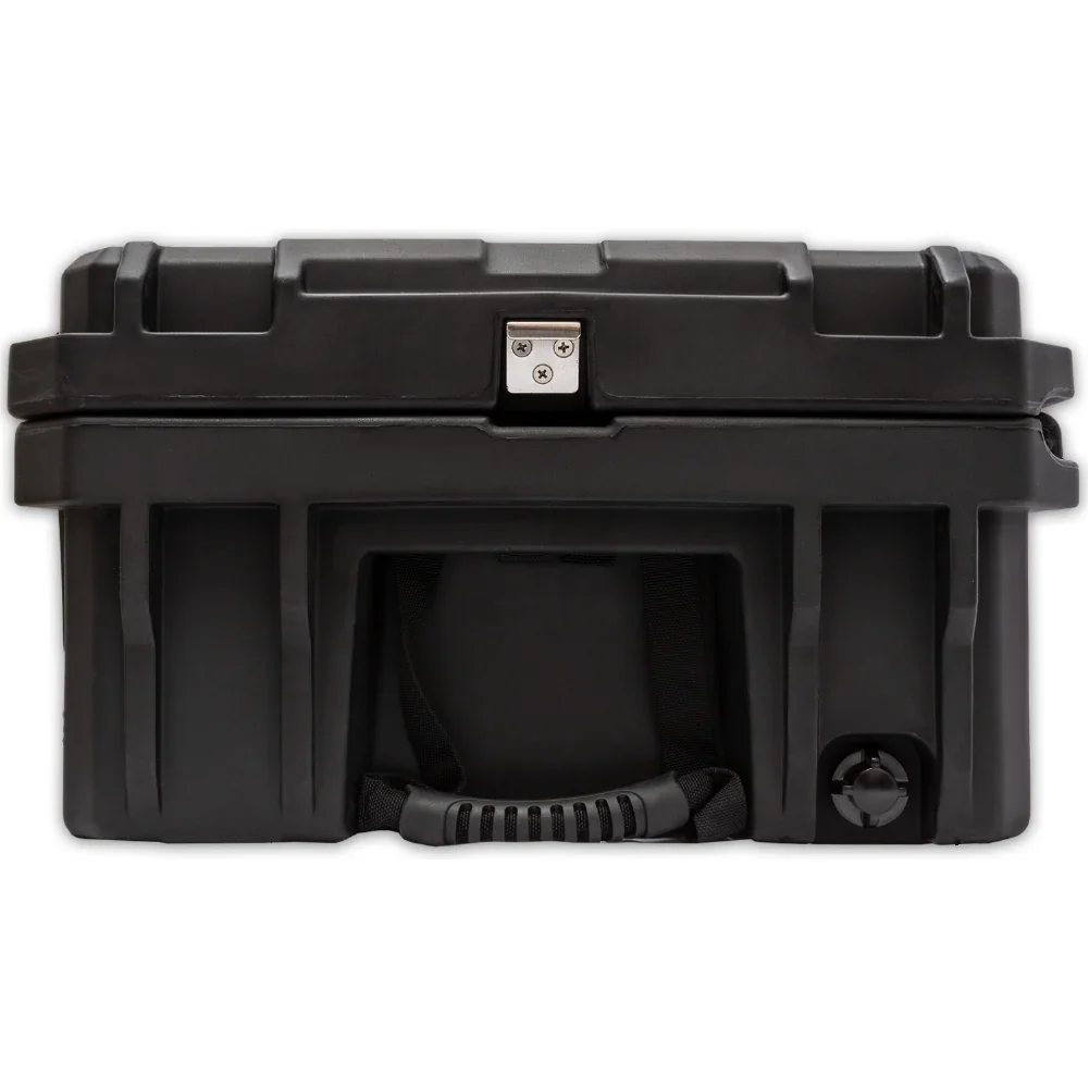Heavy-duty black storage case with secure latch and handle for overlanding gear