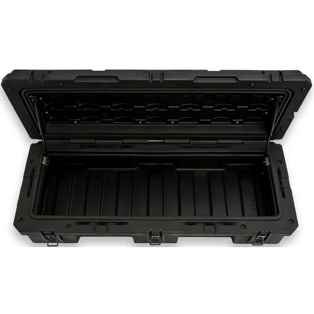 Heavy-duty black storage case with open lid for overlanding and camping gear