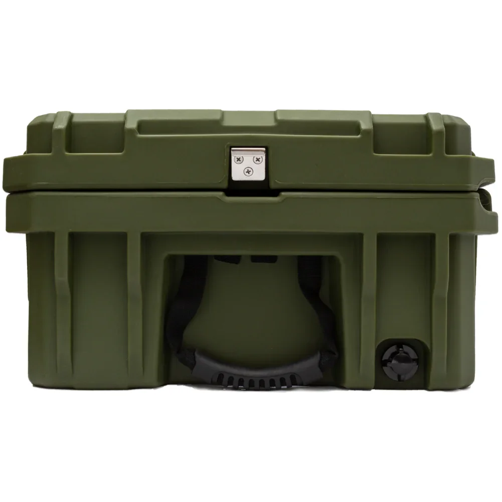 Olive green rugged camping gear storage case with secure latch and carrying handle