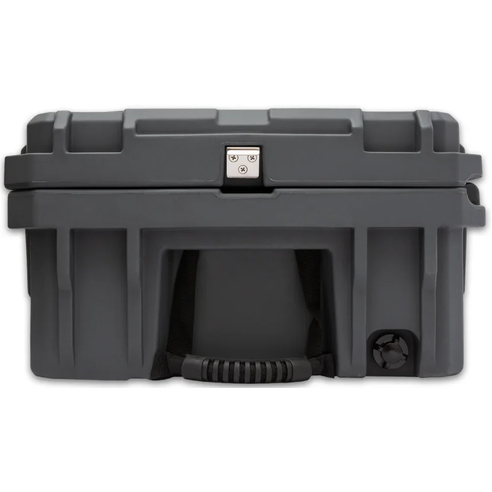 Rugged gray storage box with locking latch and handle for overlanding or camping gear