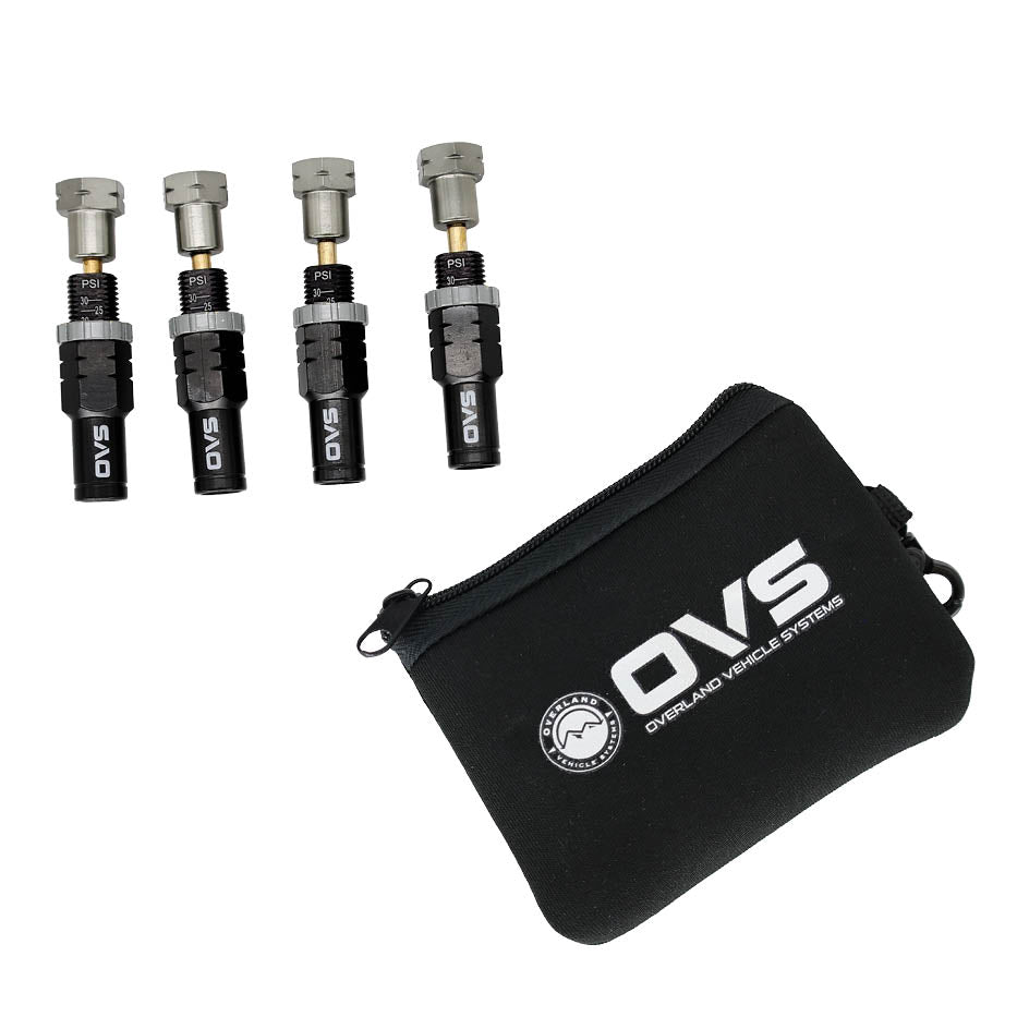 Overland Vehicle Systems 4 piece adjustable tire deflator kit with storage bag
