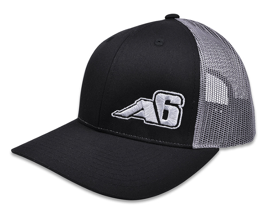 Black and gray mesh trucker hat with A6 mountain logo, side view