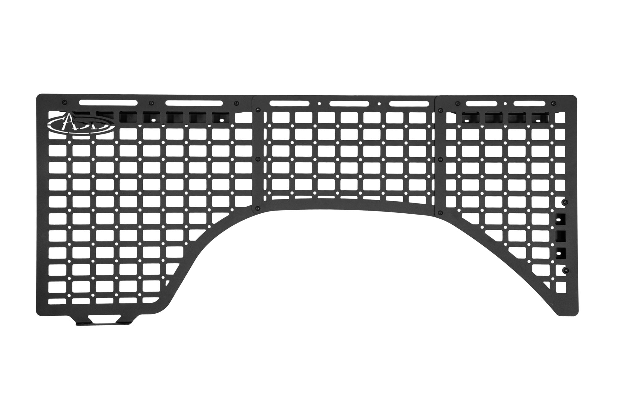 Black metal molle panel cargo storage system for off-road vehicle organization