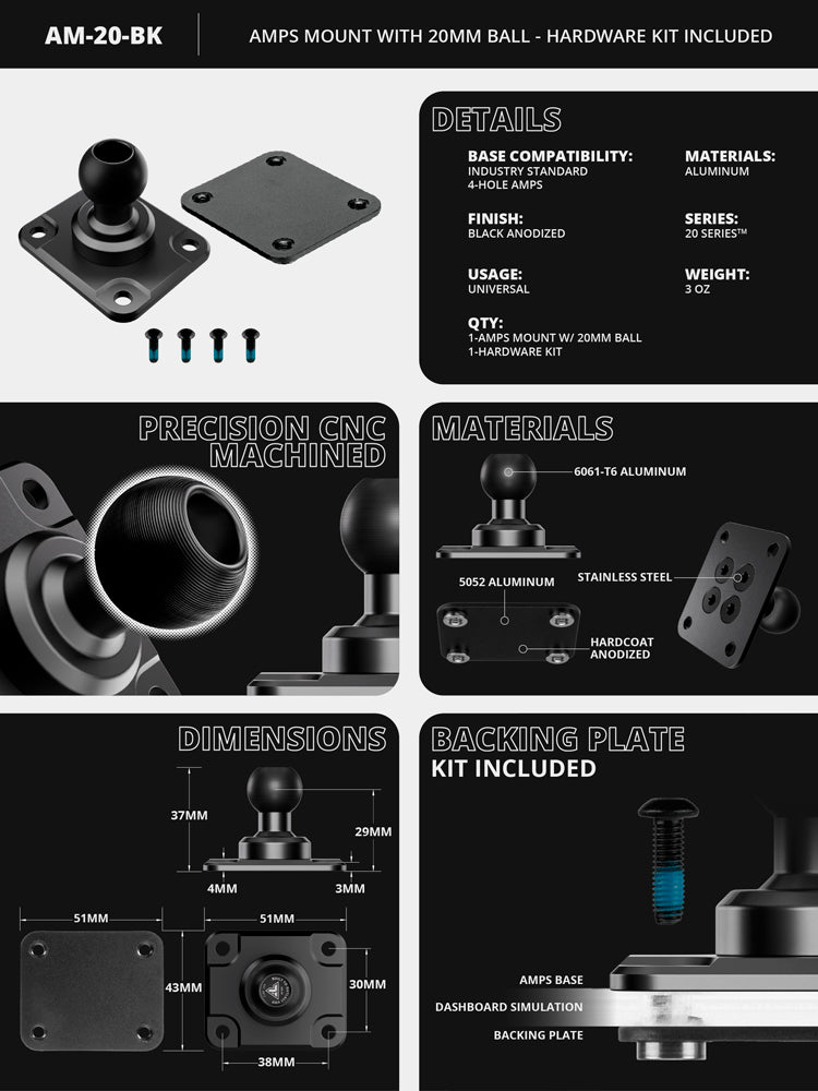Tackform amps mount with 20mm metal ball for universal fit