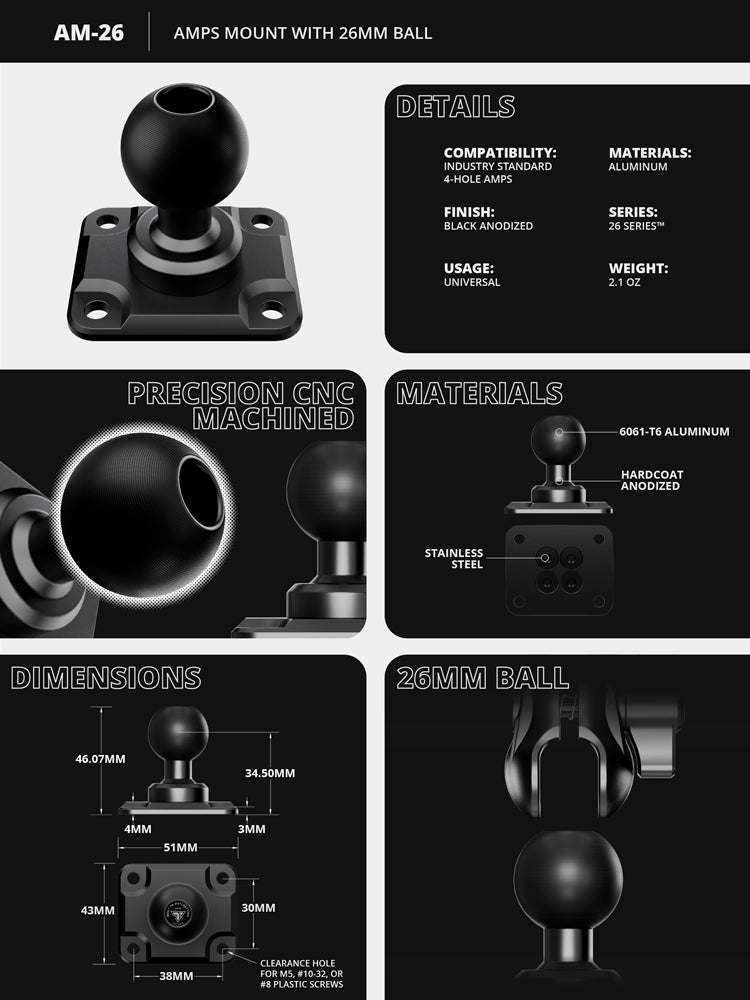 Tackform amps mount with 26mm metal ball for universal fit