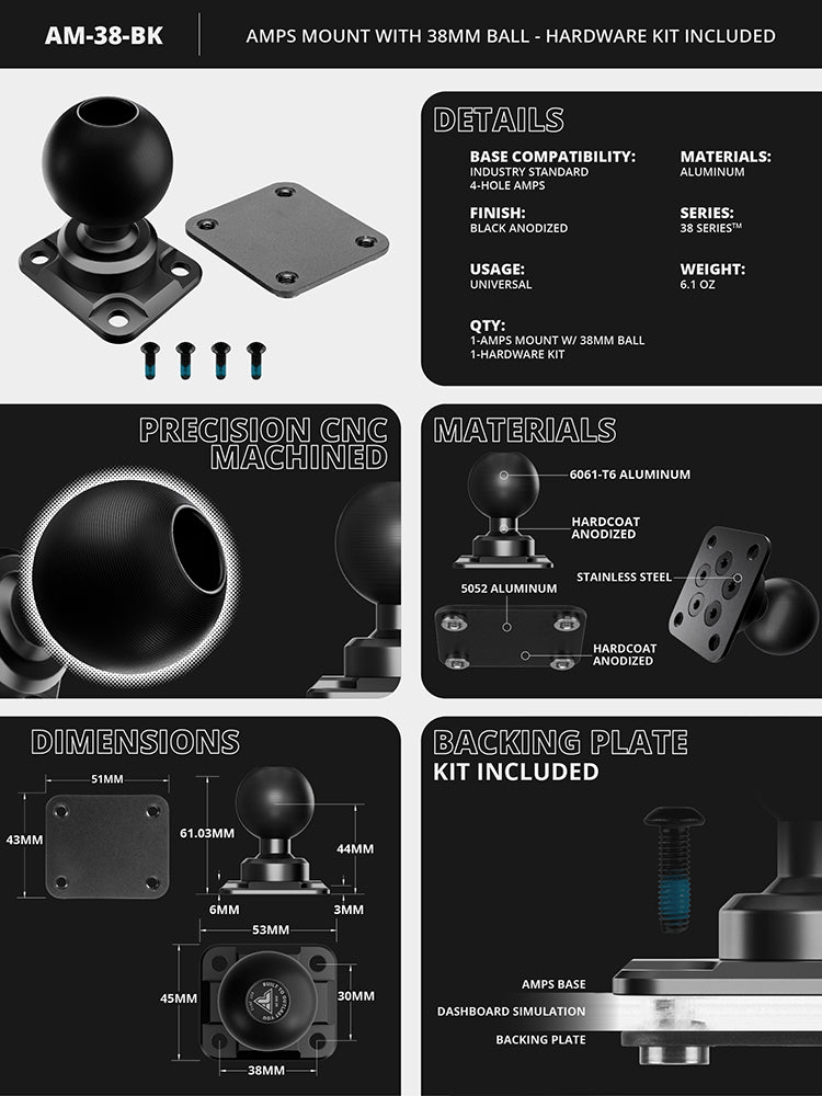 Tackform amps mount with 38mm metal ball for universal fit
