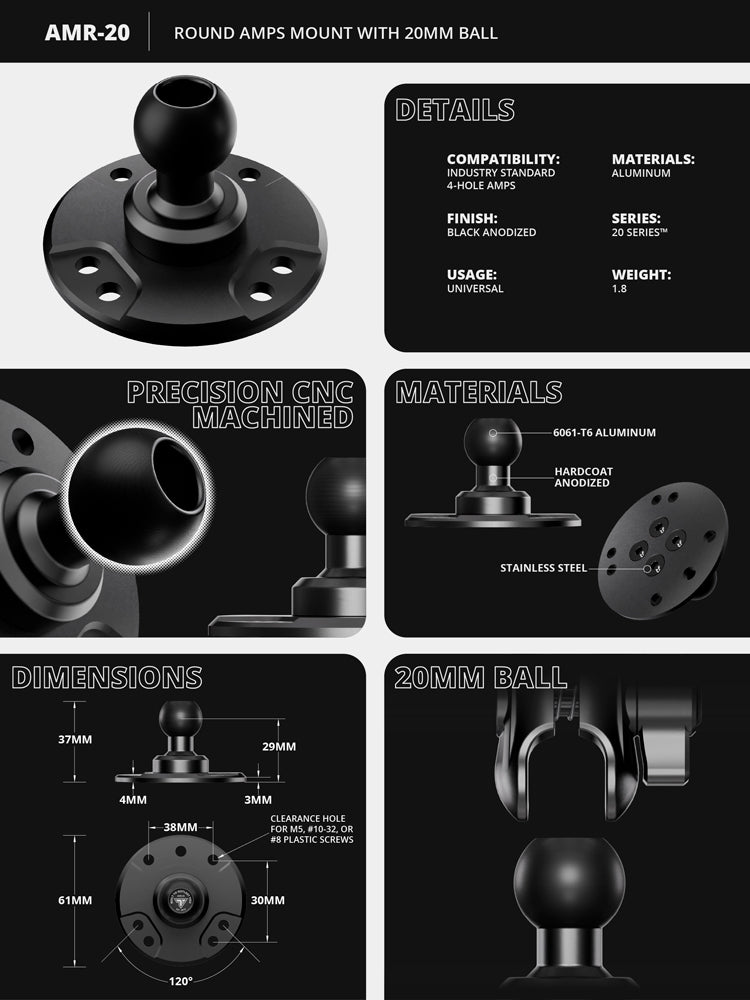 Tackform round amps mount with 20mm metal ball for universal fit