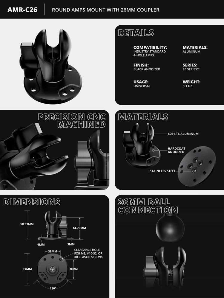 Tackform Round AMPS short reach adapter, 26mm socket, universal fit