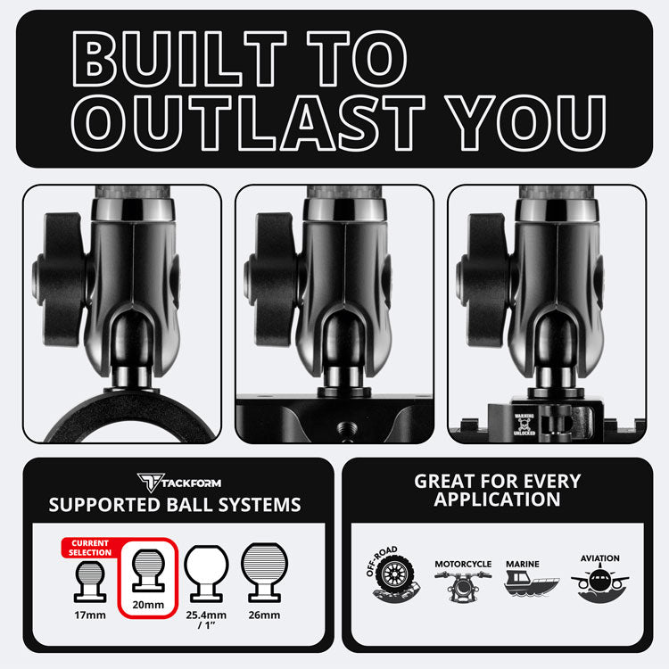 Tackform DuraLock 20 Series carbon fiber arm with dual 20mm sockets for universal fit