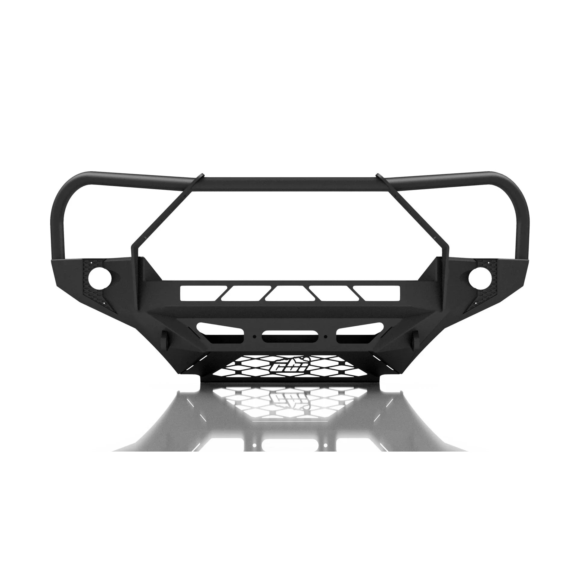 Heavy-duty off-road steel bumper with grille guard for trucks and SUVs, front view