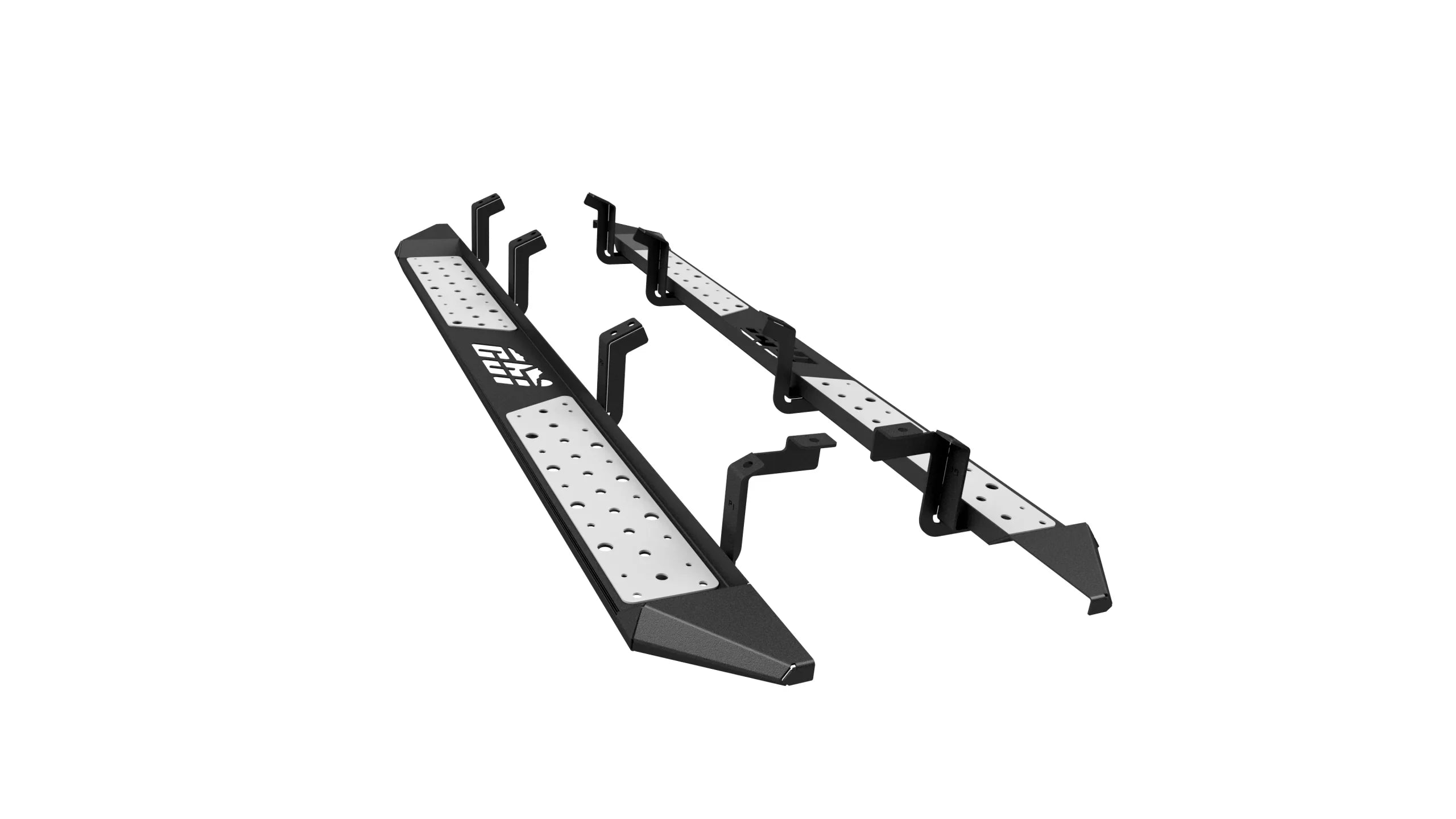 Angled view of metal off-road running boards with mounting brackets for trucks or SUVs