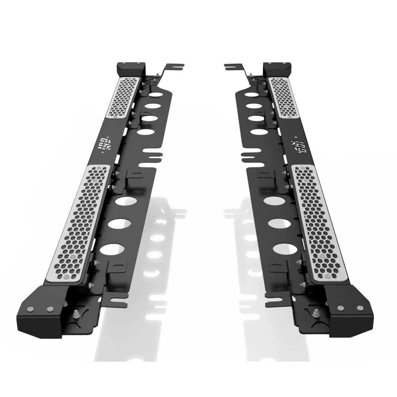 Heavy-duty steel rock sliders with hex step plates for off-road vehicles, angled view