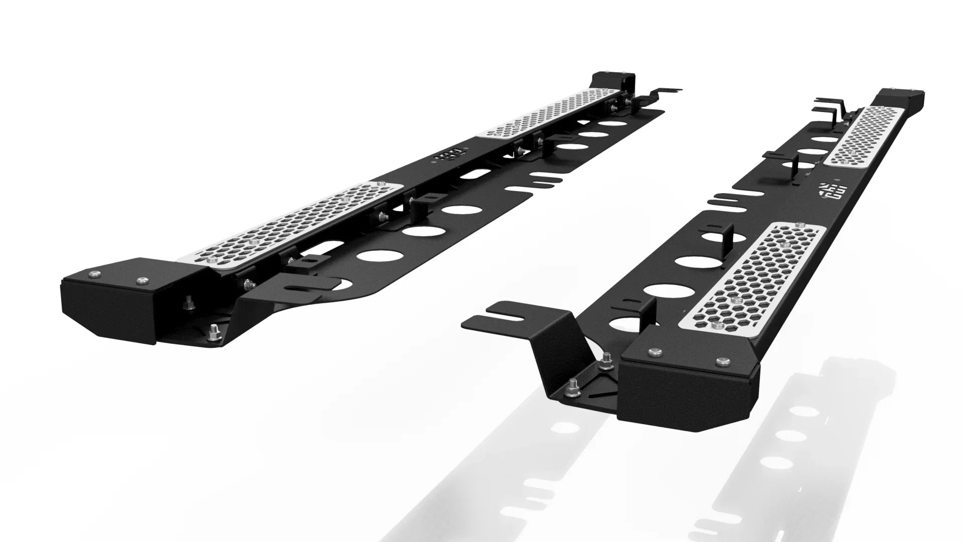 Heavy-duty black steel side steps with silver grip plates for off-road vehicles