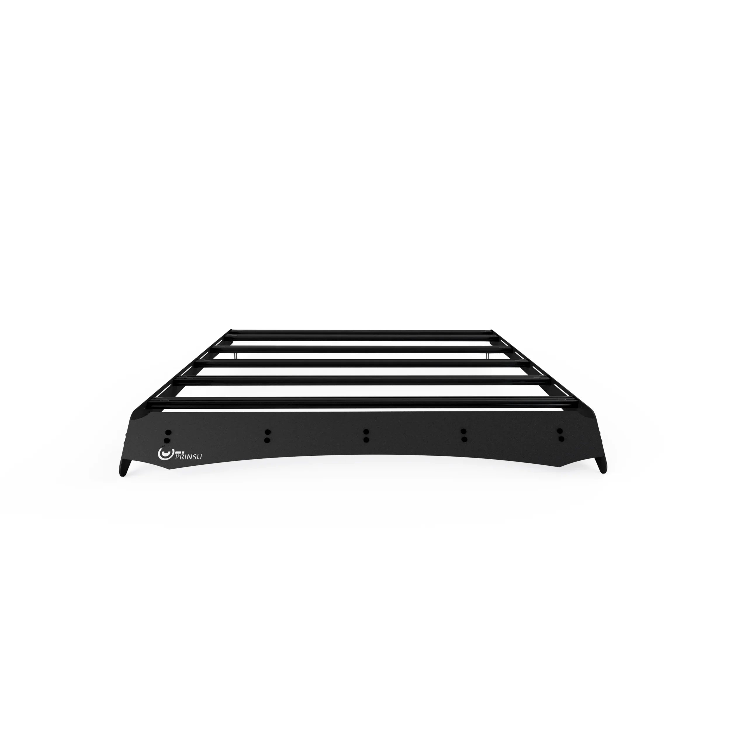 Black metal roof rack for overlanding vehicles, front view, with side mounting brackets
