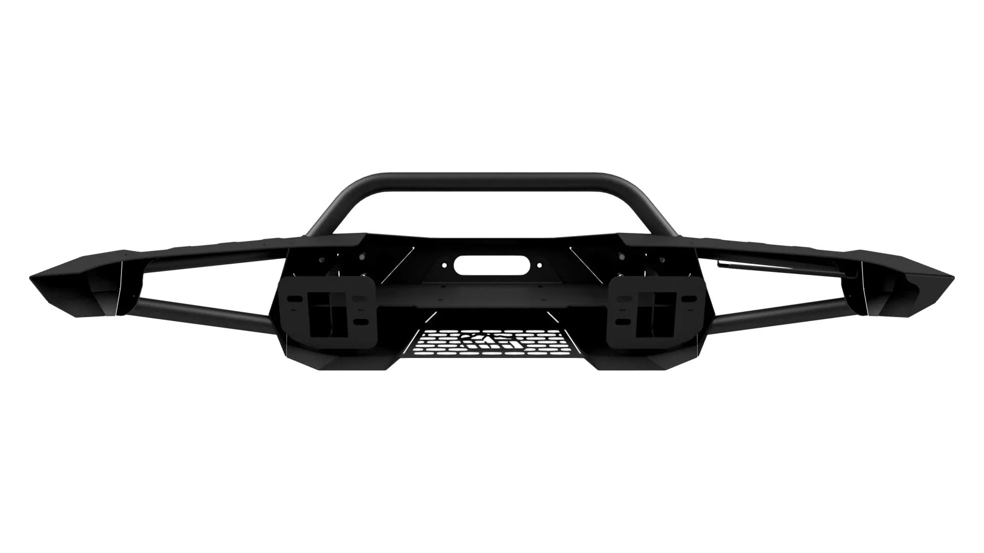 Heavy-duty black off-road front bumper with grille guard for trucks and SUVs on white background.