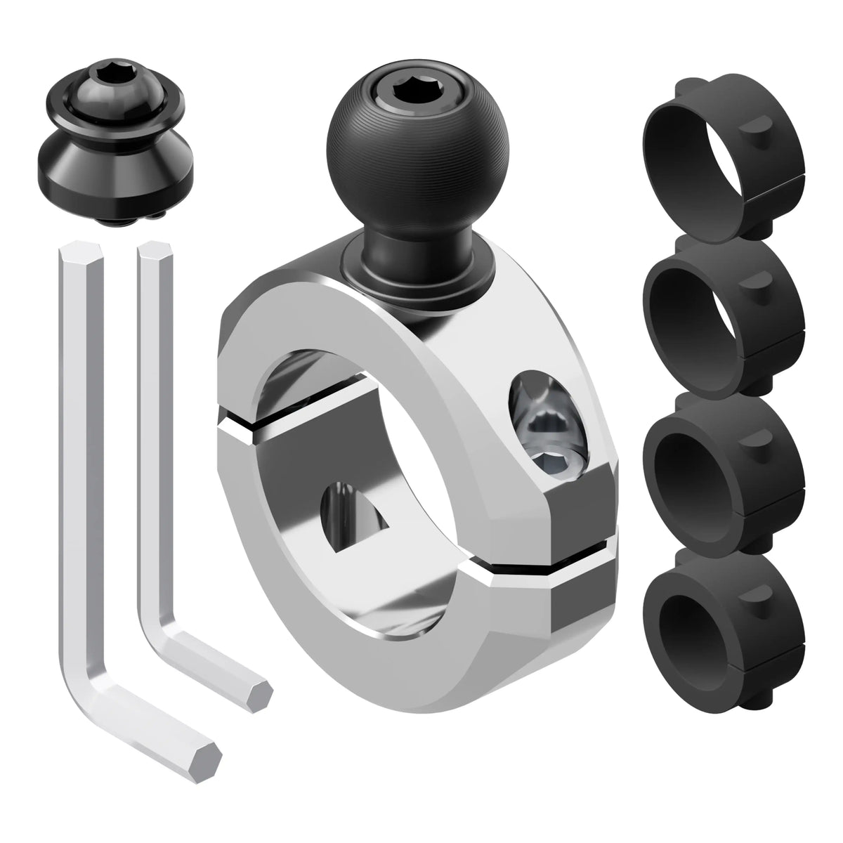 Tackform BC3 bar clamp for 7/8" to 1-1/4" bars, chrome, with a 20mm ball and dovetail