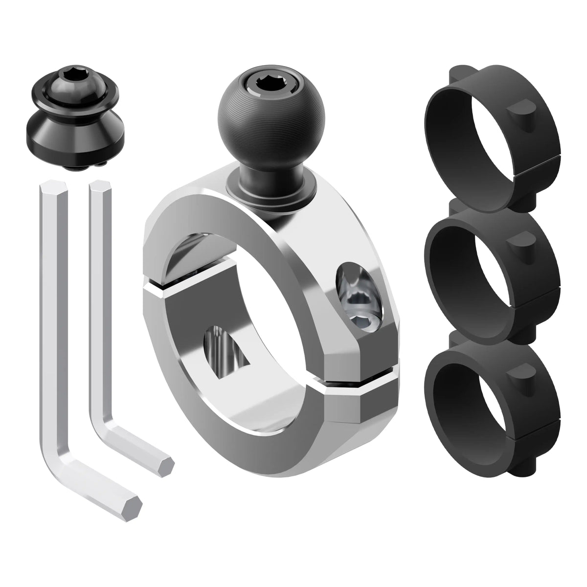 Tackform BC3 bar clamp for 1-1/4" to 1-1/2" bars, chrome, with a 20mm ball and dovetail