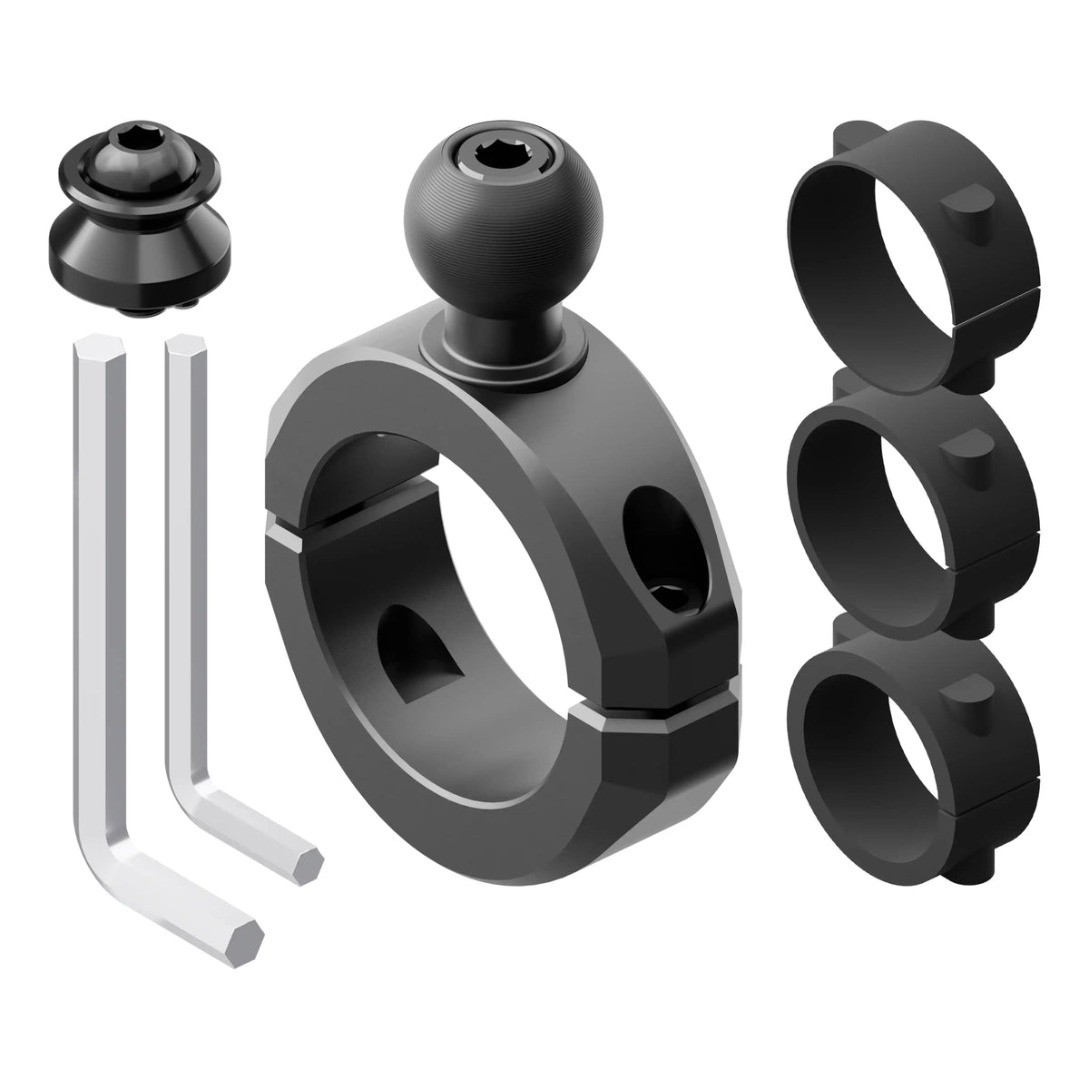 Tackform BC3 bar clamp for 1-1/4" to 1-1/2" bars, black, with a 20mm ball and dovetail