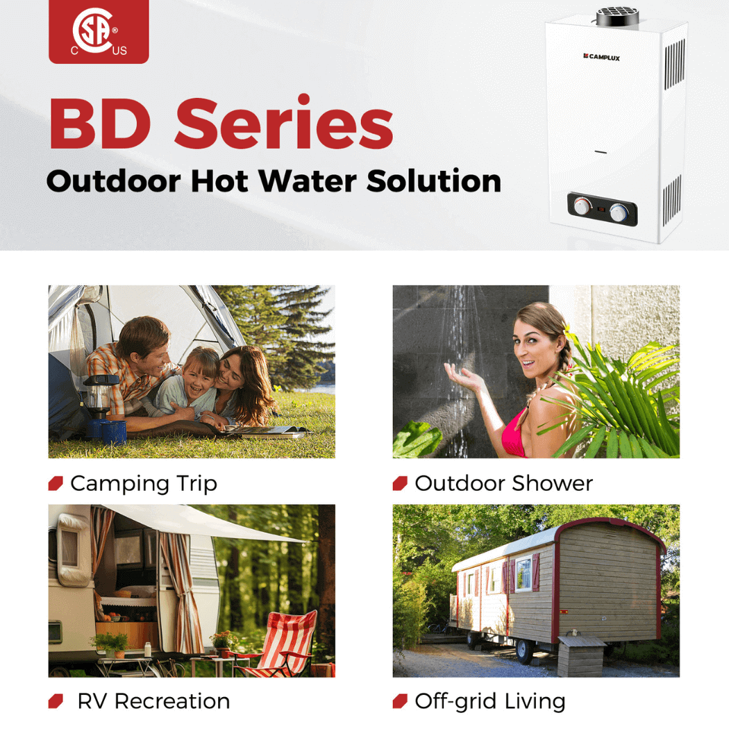 Tankless Water Heater, Camplux 2.64 GPM Outdoor Propane Water Heater, Gas Water Heater with 3.3 GPM Water Pump & Pipe Strainer for Camping, Cabins