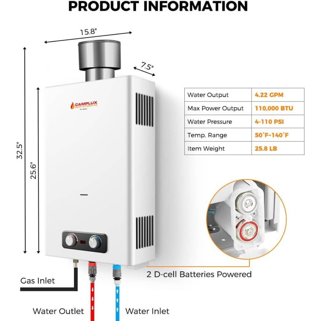 Camplux BD422C On Demand Water Heater Propane With Rain Cap