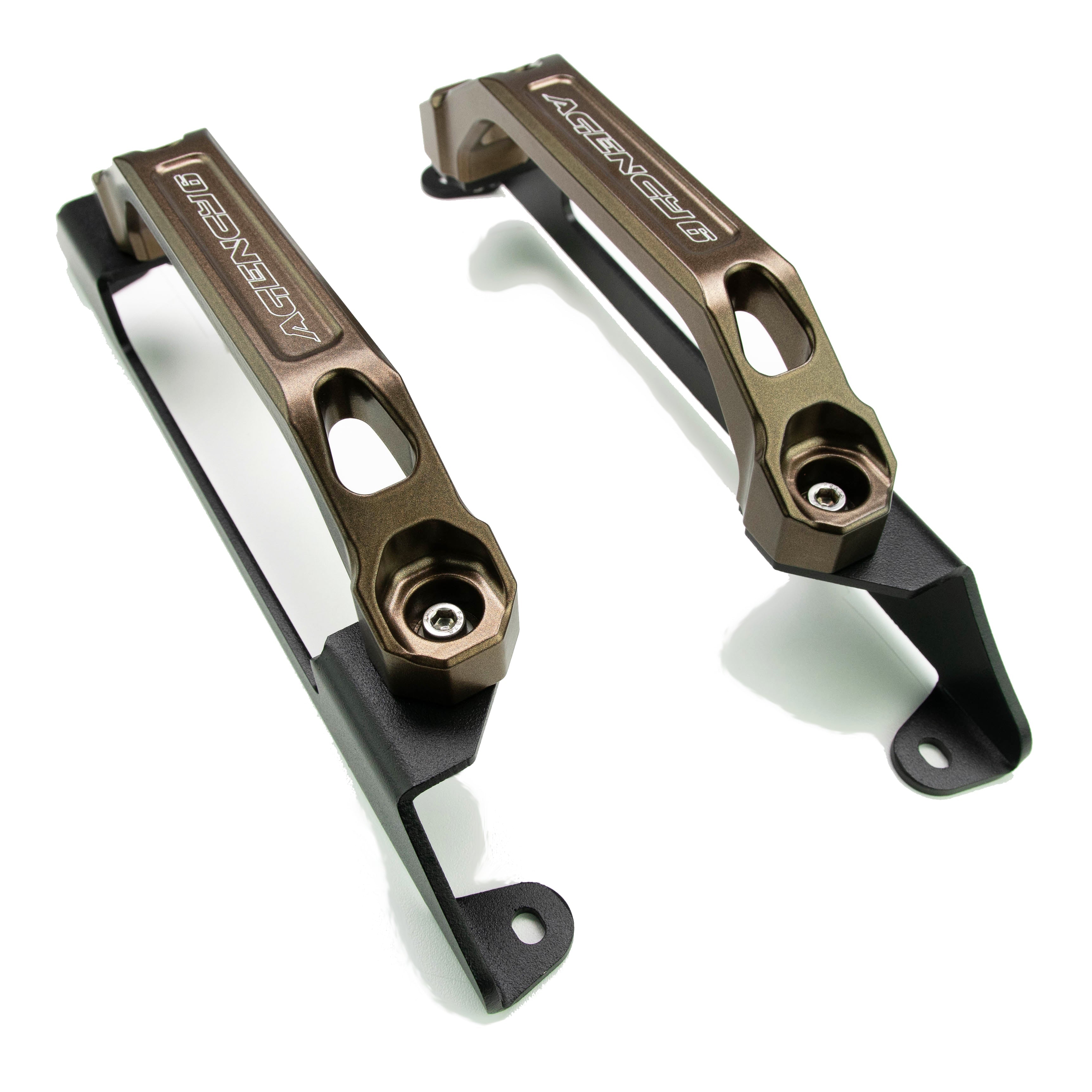 Bronze billet aluminum vehicle accessory mounting brackets on white background