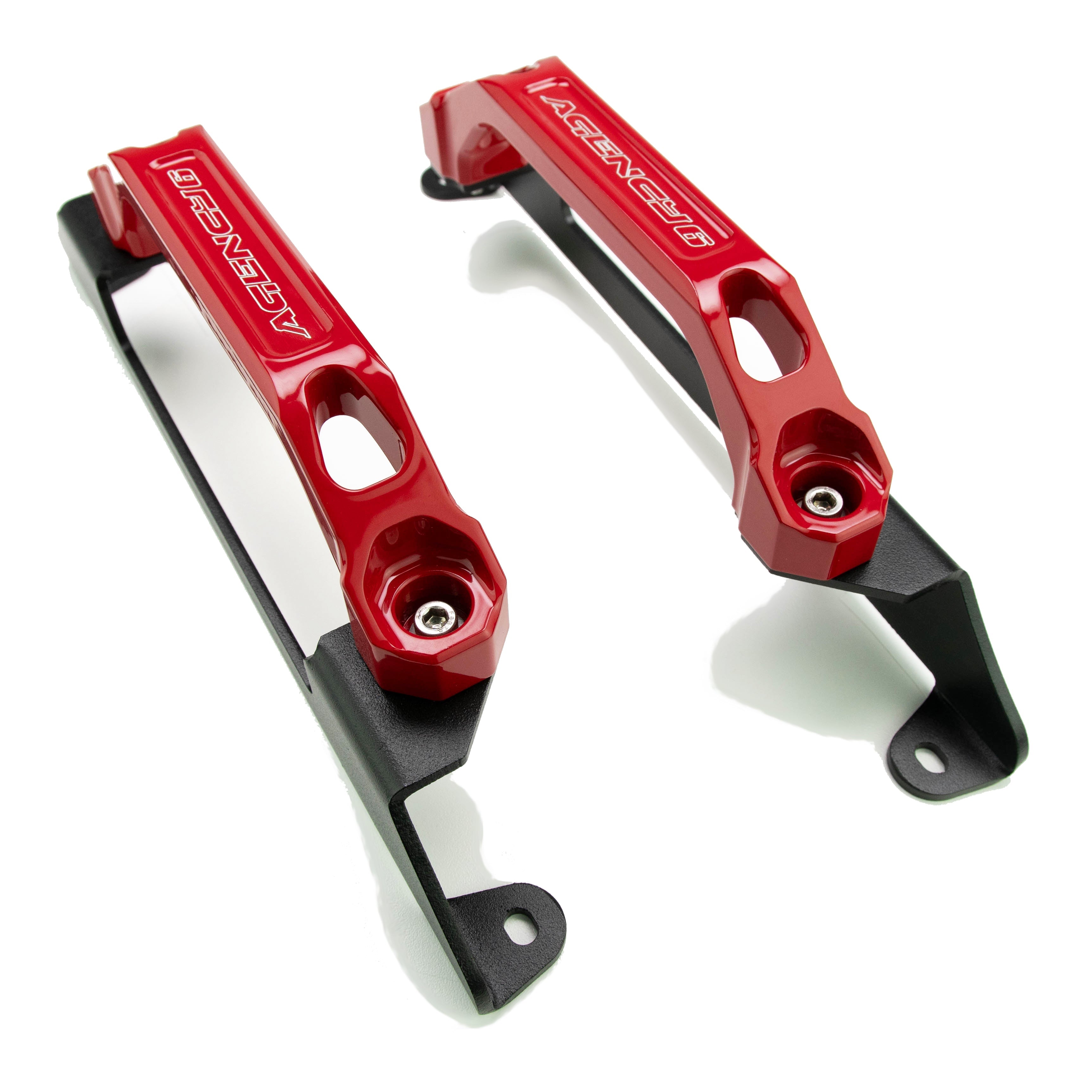 Pair of red billet aluminum off-road vehicle grab handles with mounting brackets