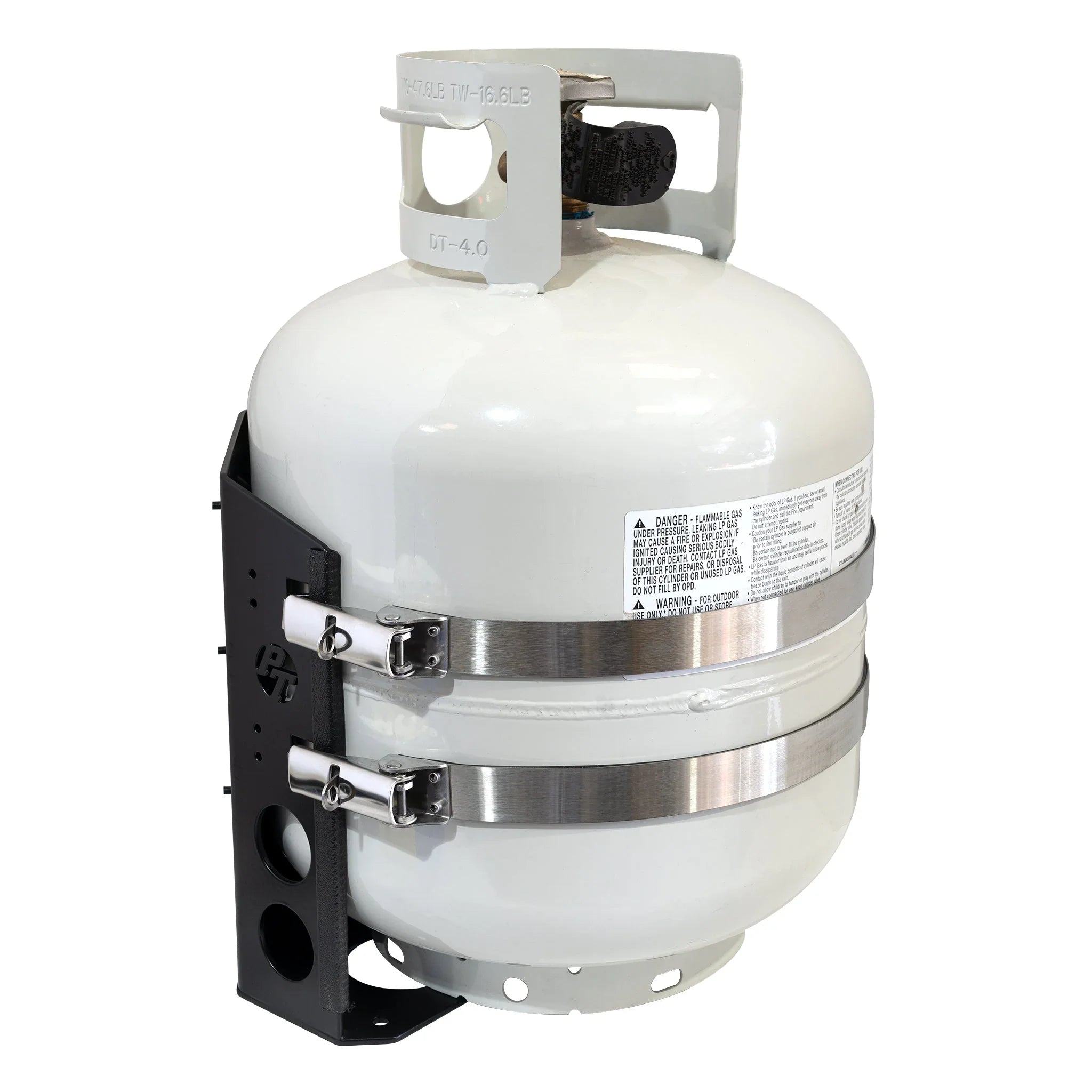 Propane tank mounted in a steel holder with secure metal straps for overlanding vehicles