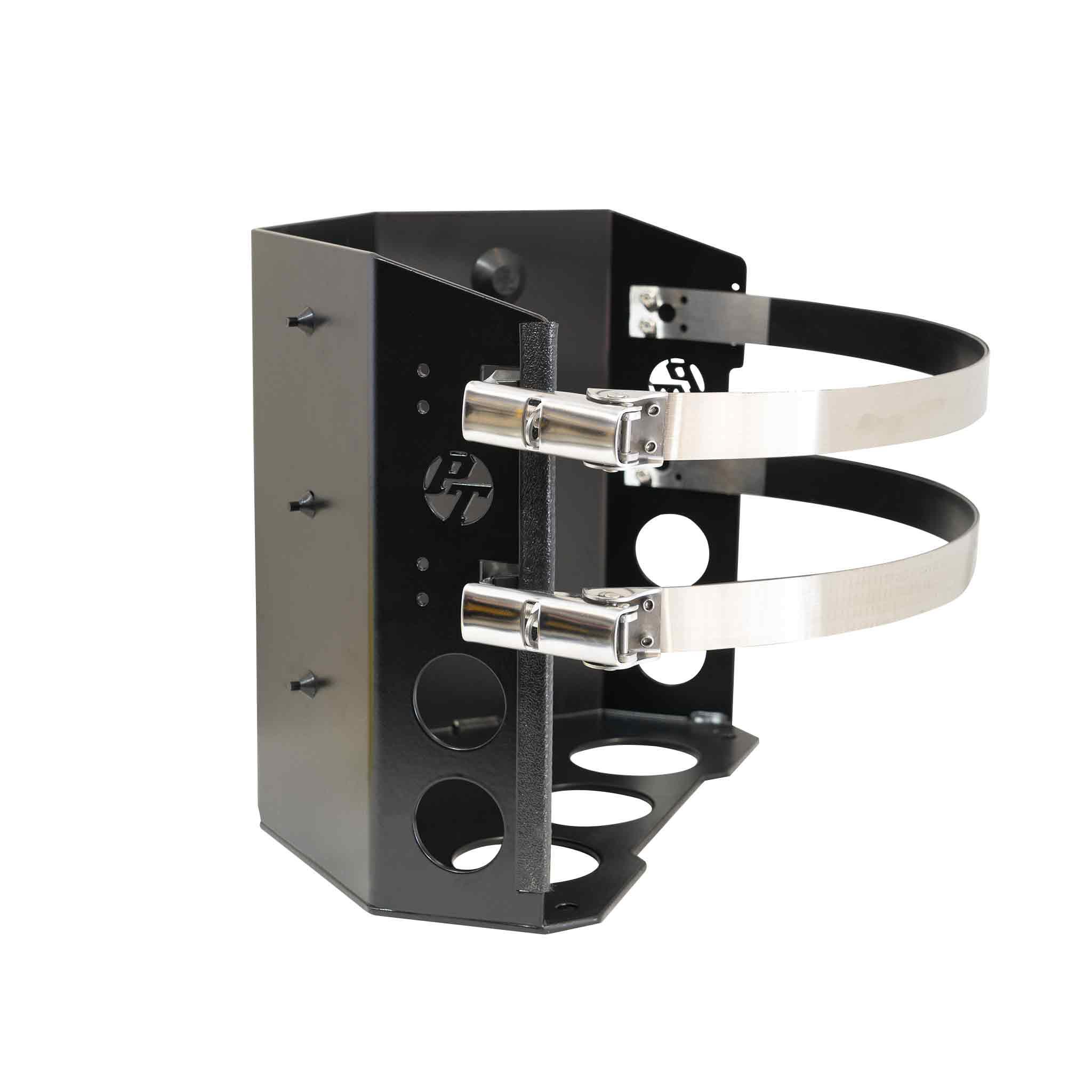 Heavy duty metal off-road vehicle accessory bracket with adjustable straps, ideal for overlanding gear.