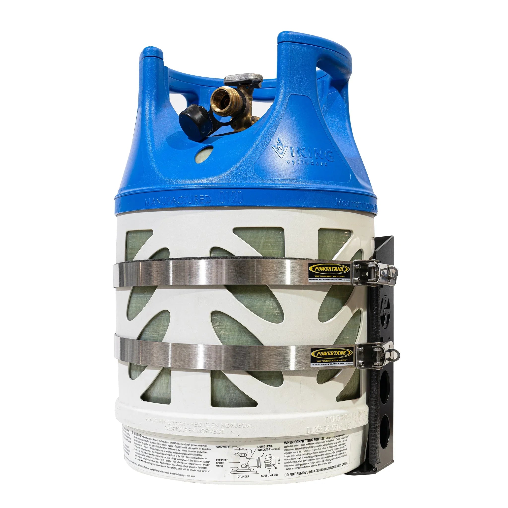 Viking composite propane tank with blue top and secure metal mounting brackets, ideal for overlanding