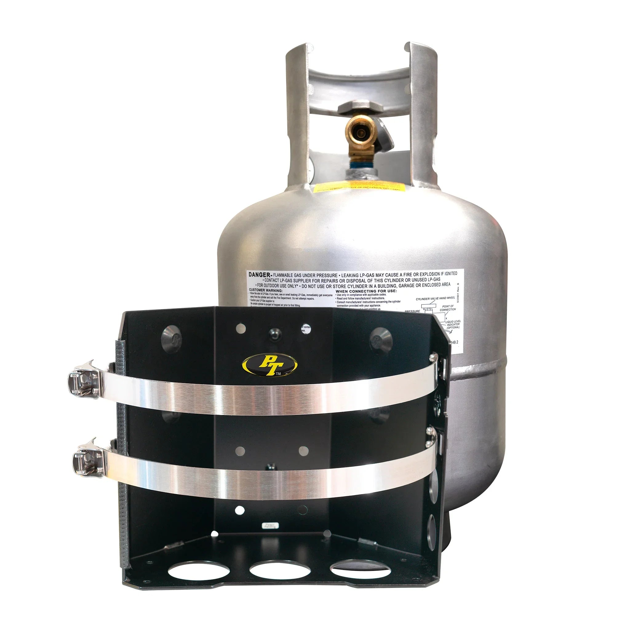 20 lb propane tank with black metal mounting bracket for overlanding and camping gear