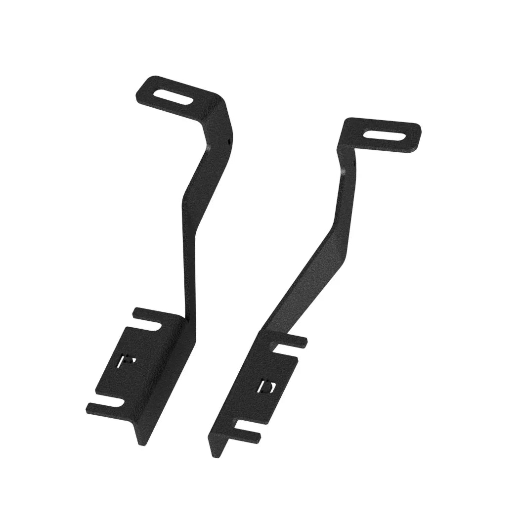 Pair of black steel mounting brackets for off-road vehicle accessories on white background