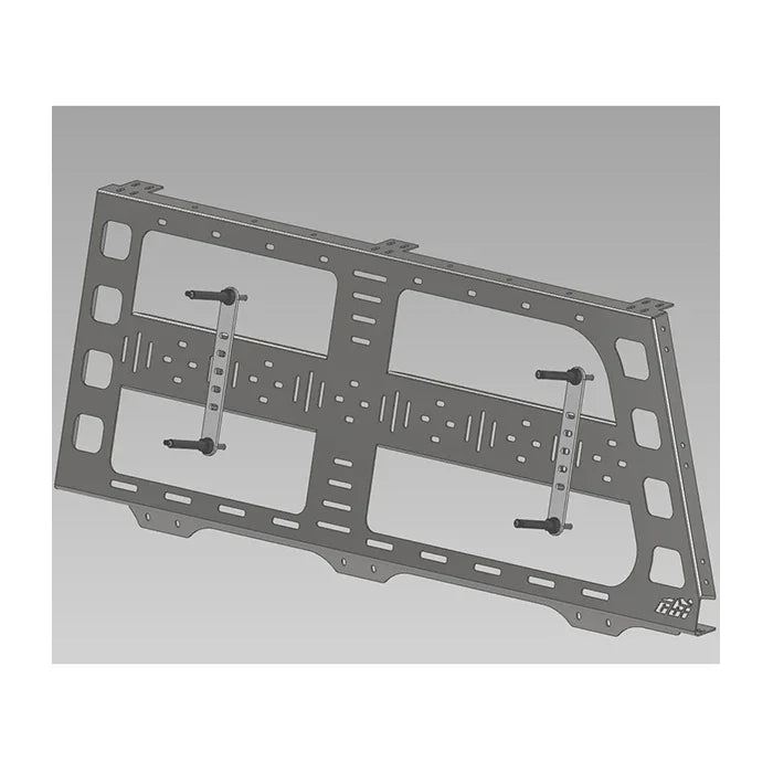 Bed rack Maxtrax mount bracket for off-road vehicle gear storage, gray metal panel
