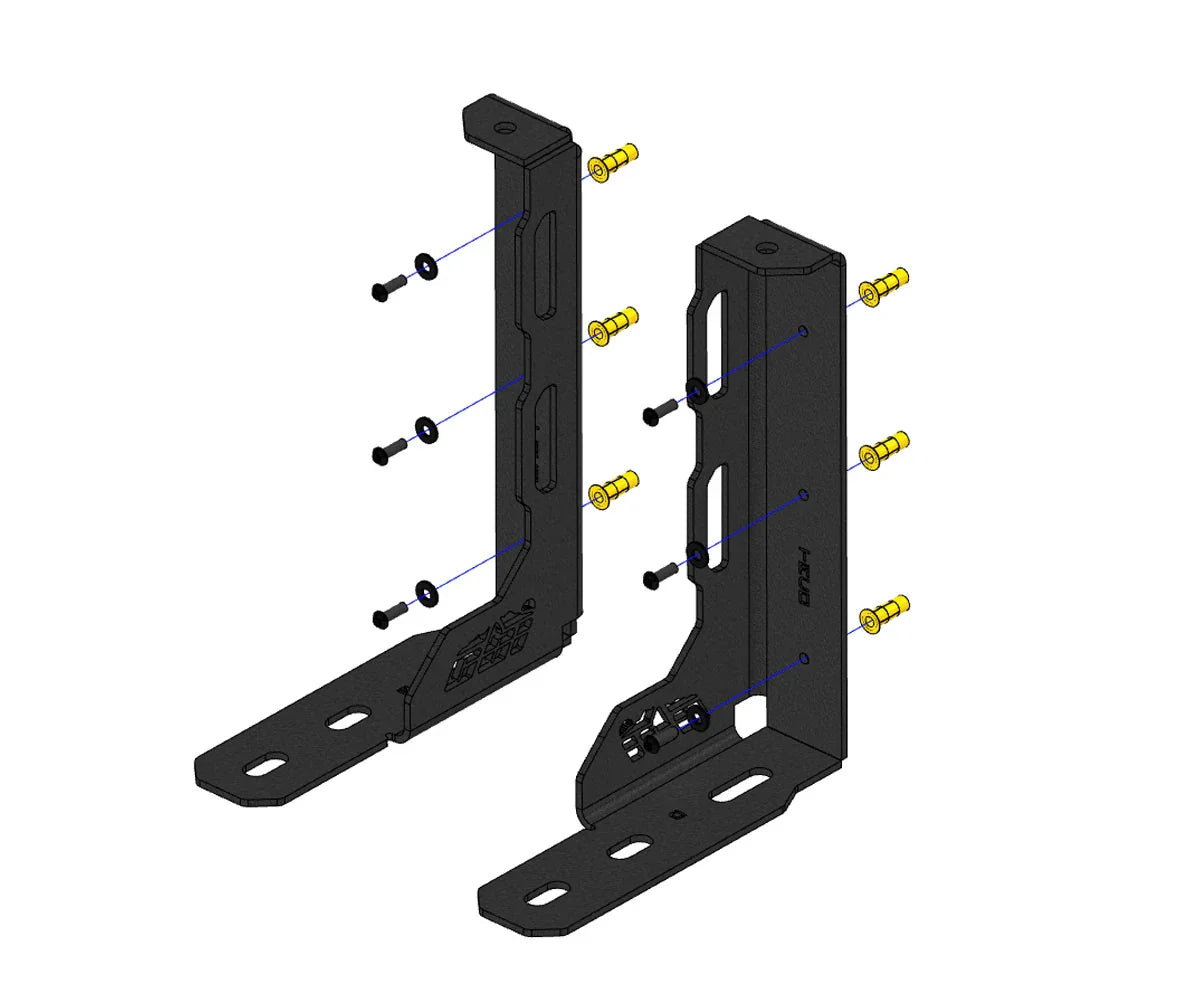 Overland bed rack mounting bracket components with assembly hardware for trucks