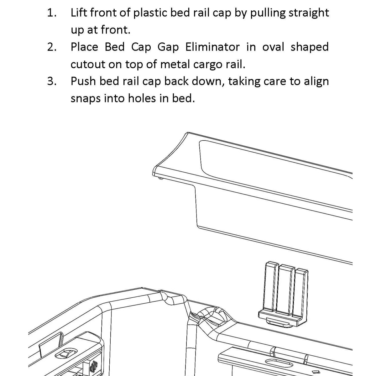 Truck bed rail cap gap eliminator installation instructions with diagram showing placement