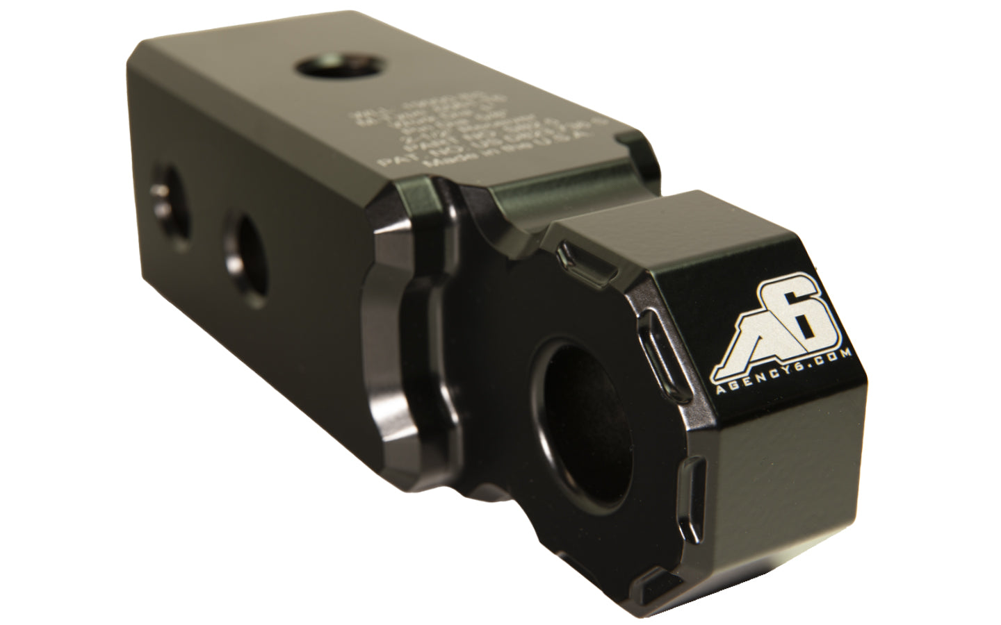 Black aluminum recovery hitch block for off-road vehicles with Agency 6 logo