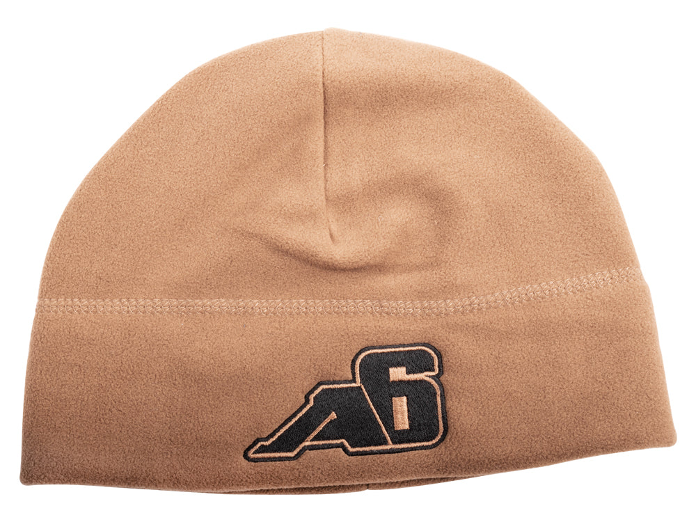 Brown fleece beanie with embroidered black and tan A6 logo, winter outdoor gear