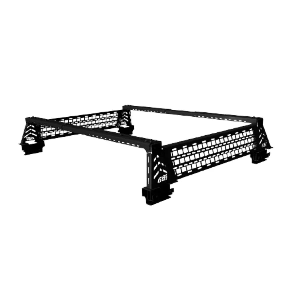 Black modular bed rack system with side molle panels for overlanding vehicles