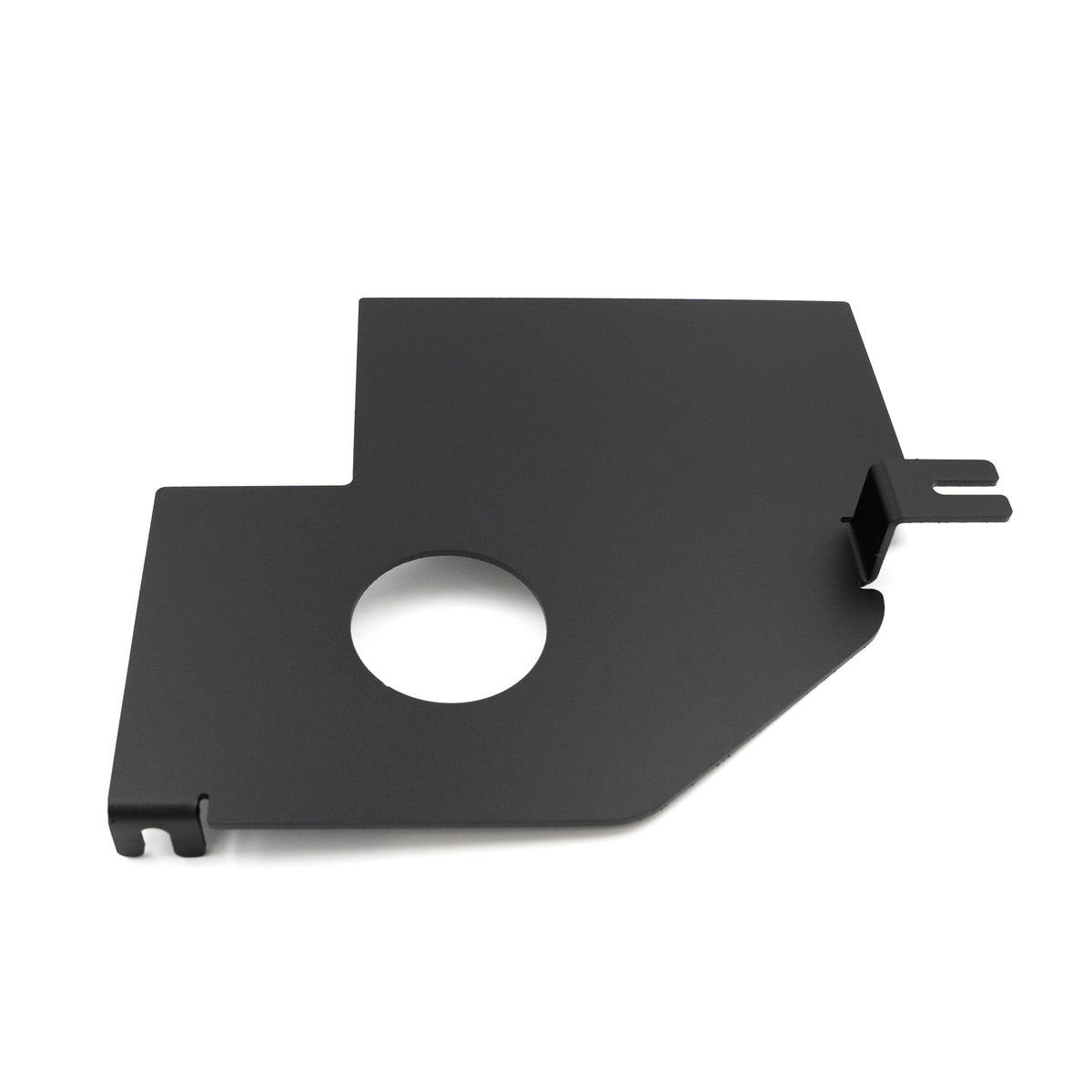 Black powder-coated engine bay panel with circular cutout for Toyota or Jeep vehicle accessories