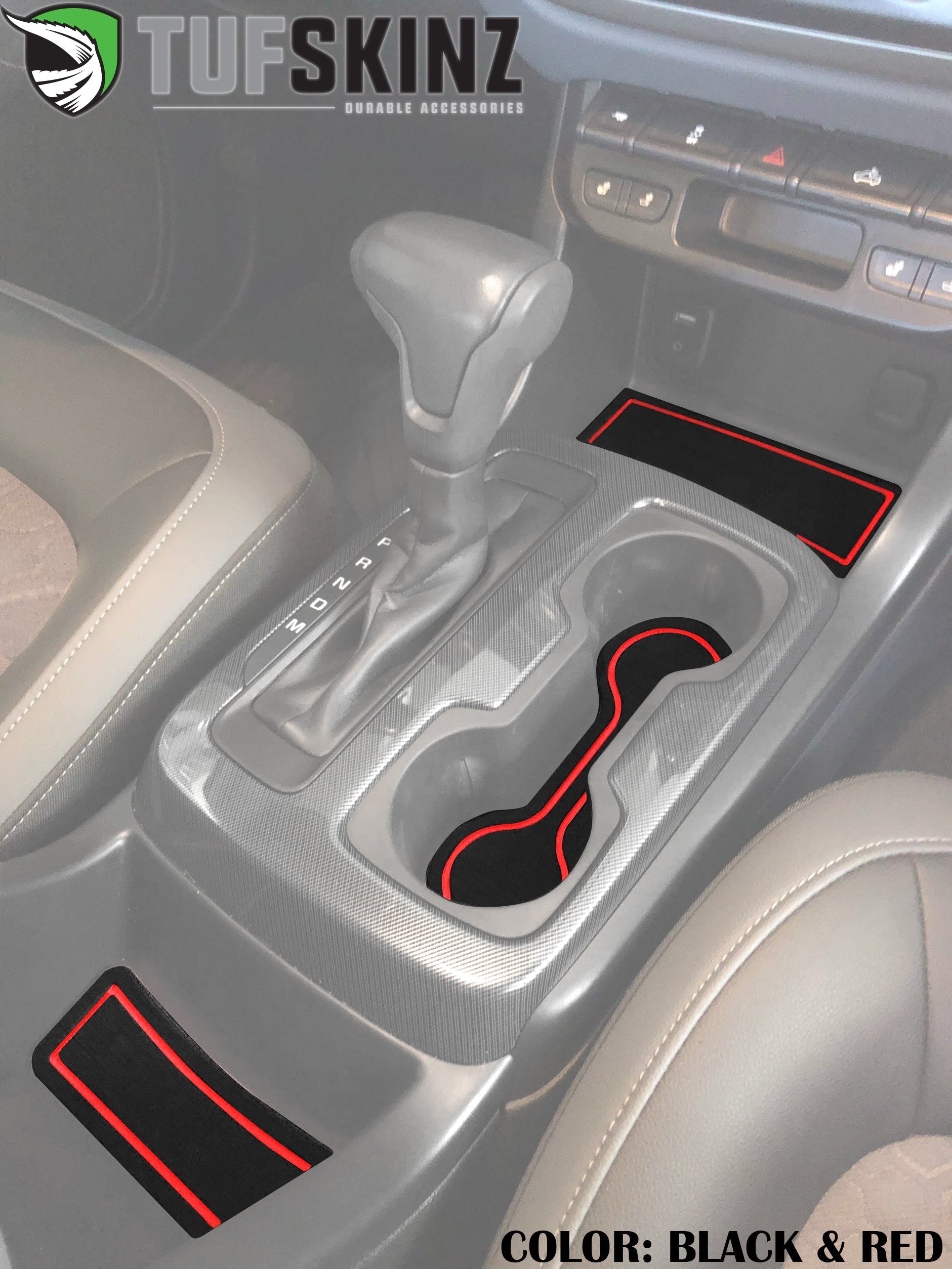 Toyota 4Runner center console liners in black and red, custom fit vehicle interior accessories