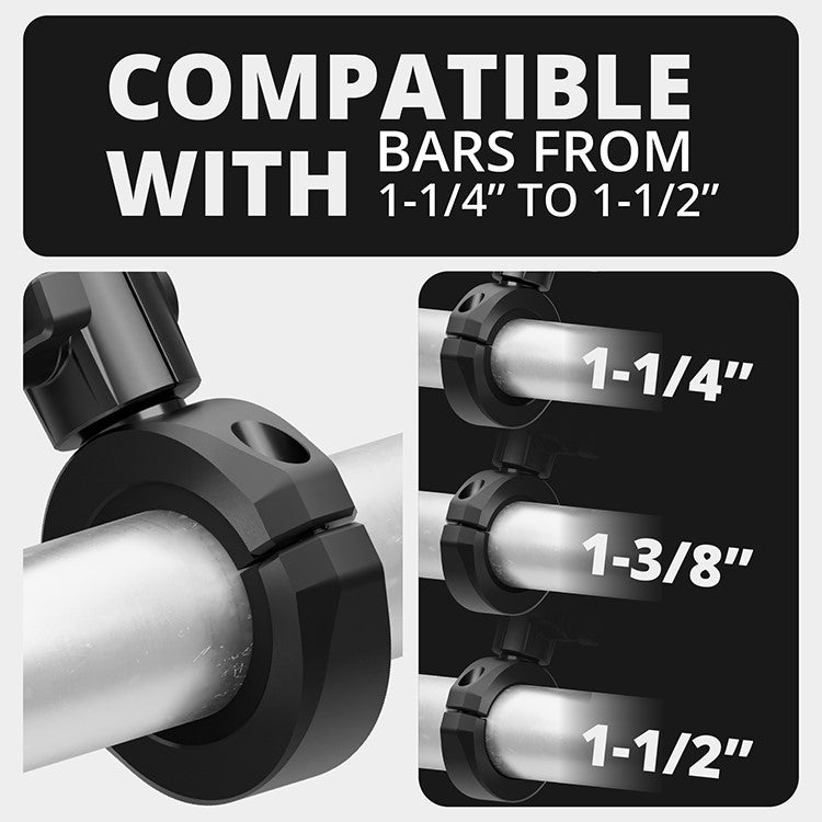Tackform BC3 bar clamp for 1-1/4" to 1-1/2" bars, black, with a 20mm ball and dovetail