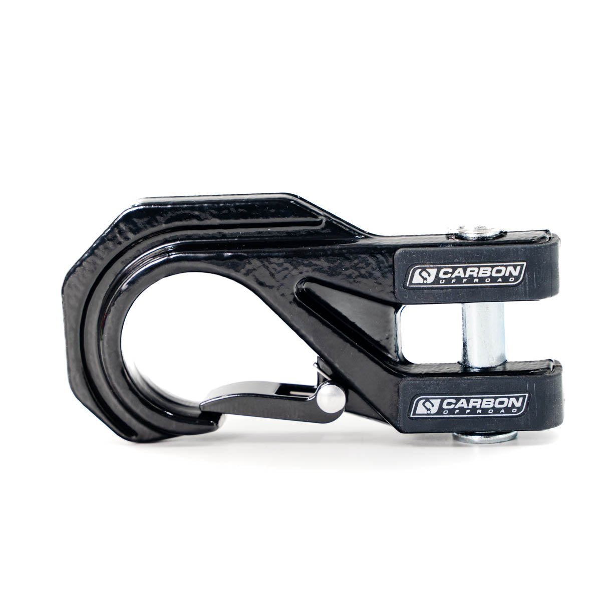 Black heavy-duty winch hook for off-road vehicles, side view on white background