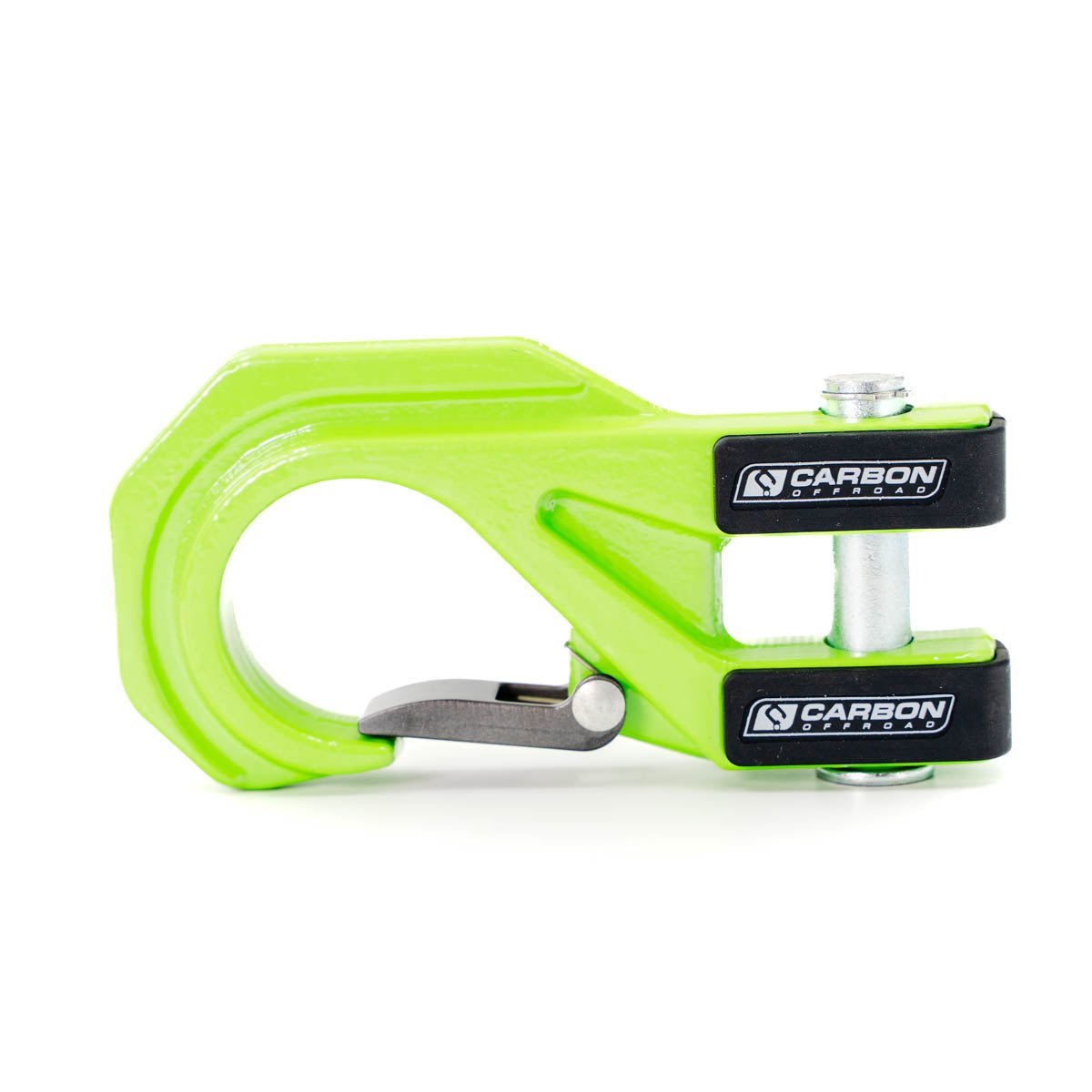 Green heavy-duty winch hook with safety latch for off-road recovery and overlanding vehicles