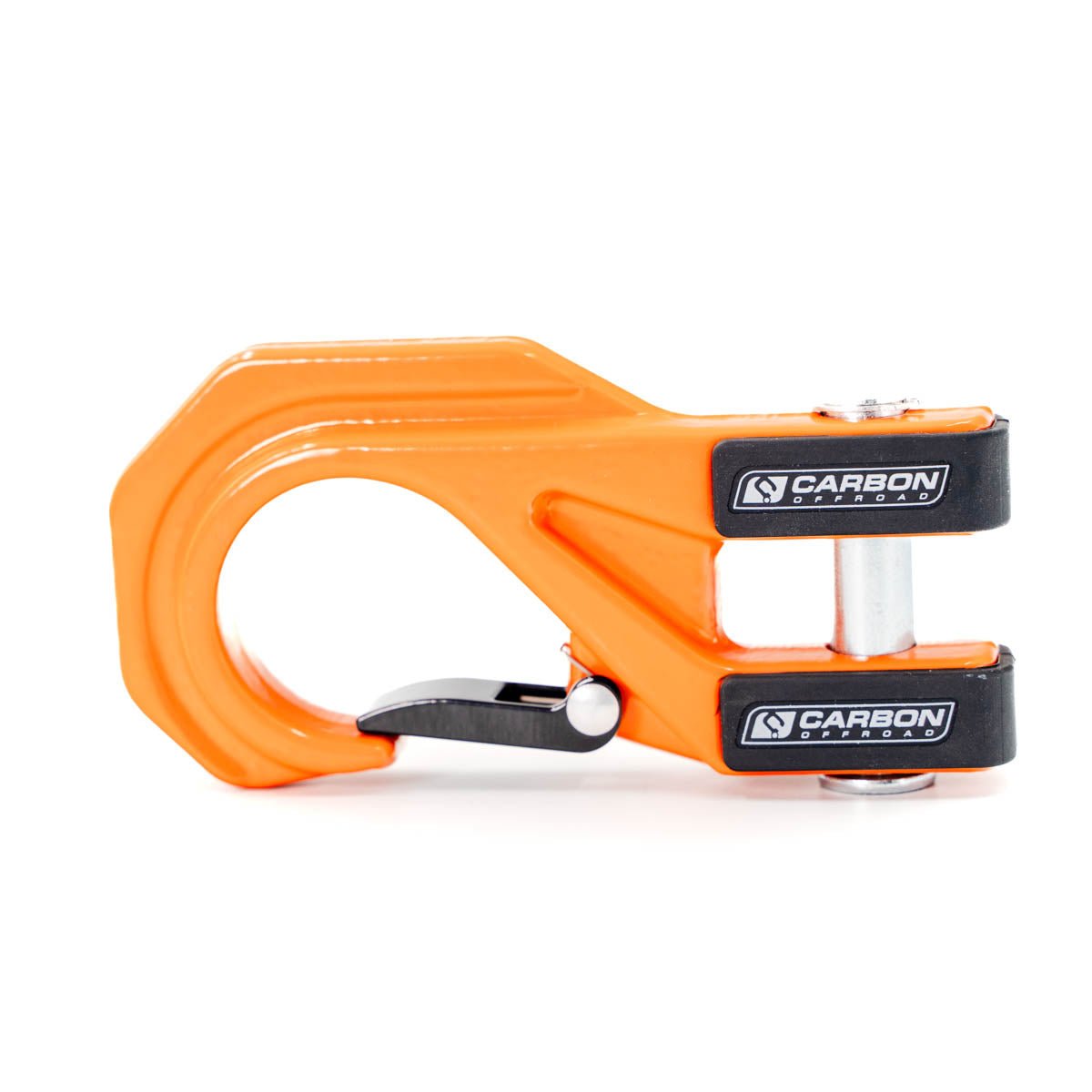 Heavy-duty orange winch hook for off-road vehicles, close-up on white background