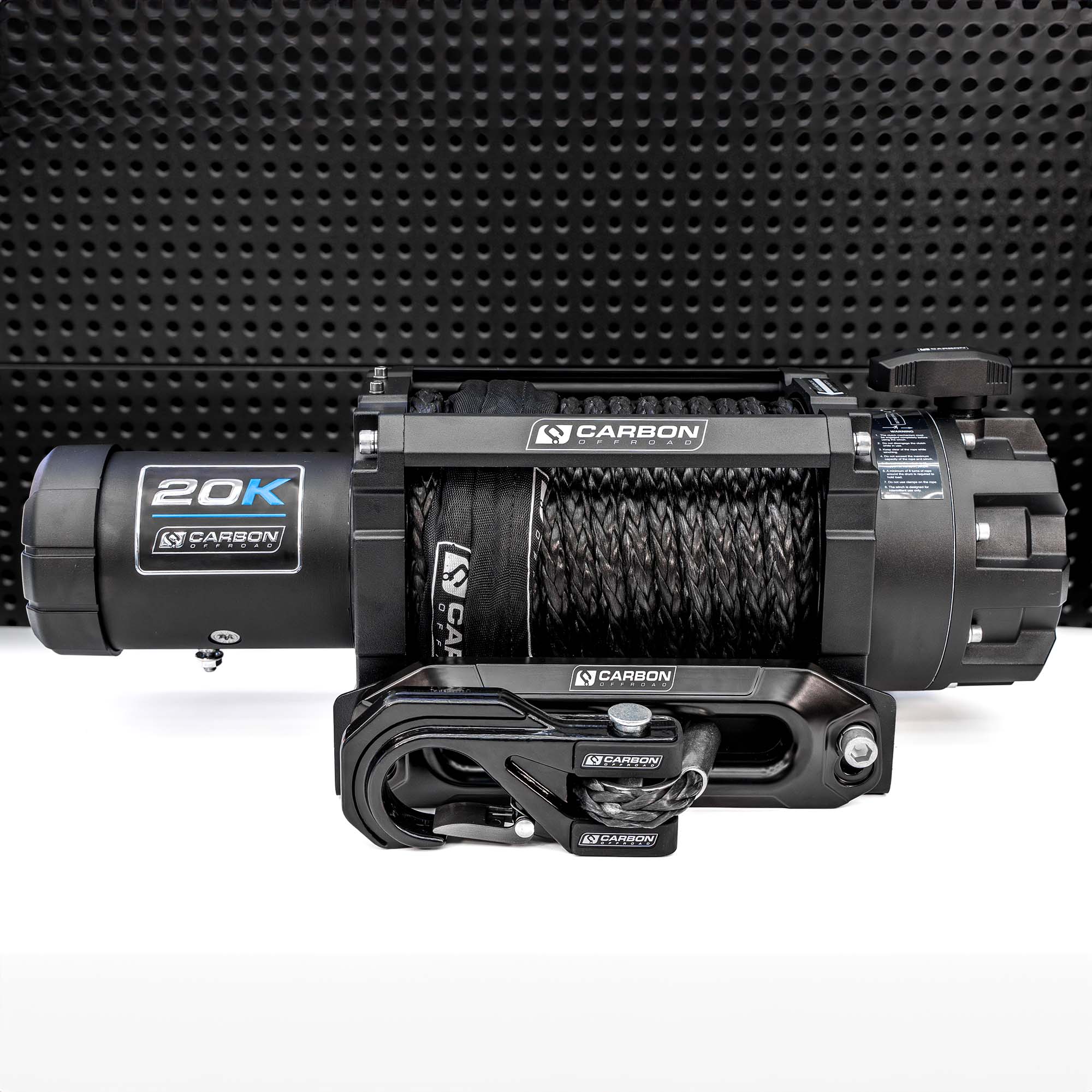 Carbon Scout Pro 20000lb extreme duty truck winch with synthetic rope on display