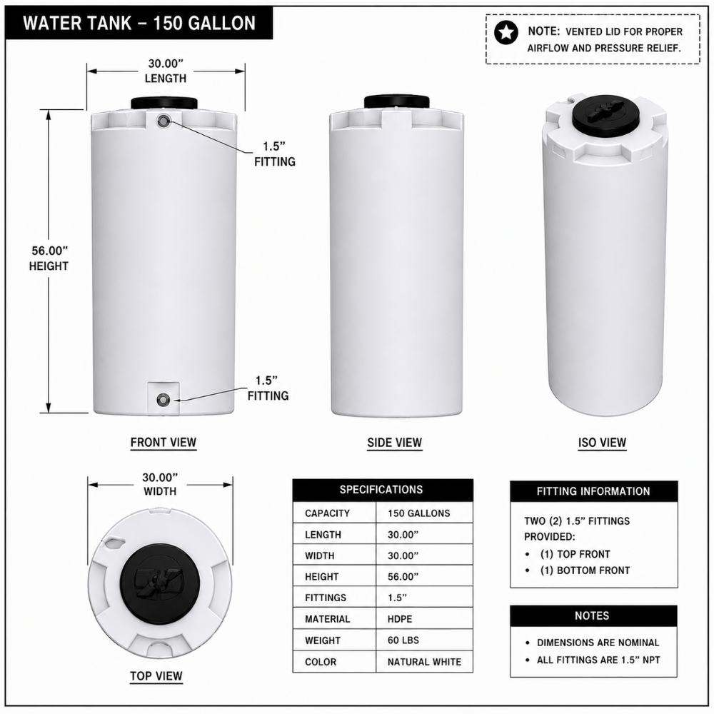 S&B 150 gallon detail water tank, universal fit