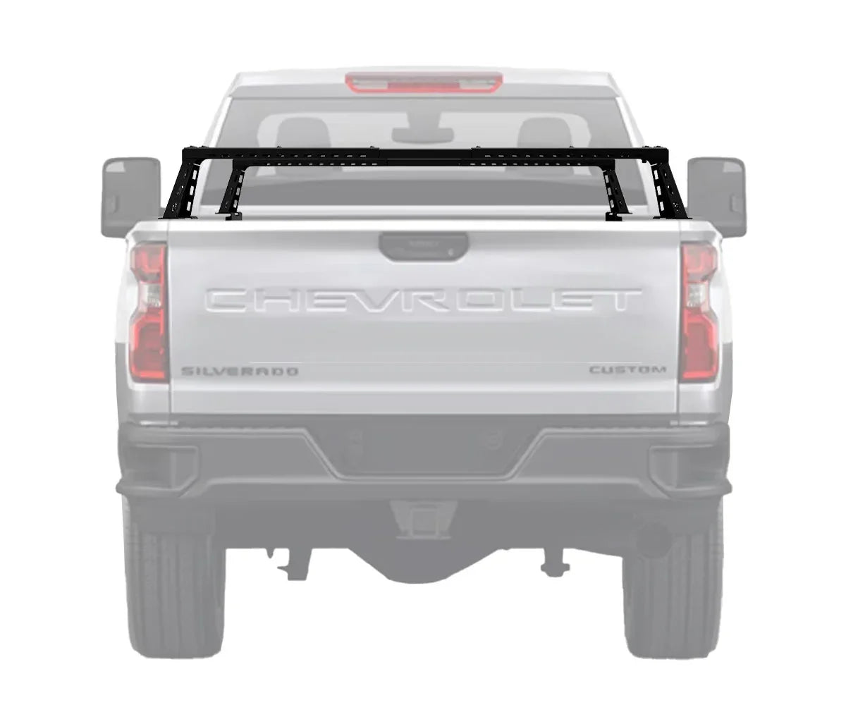 Chevrolet Silverado 2500 bed bars accessory viewed from rear, black metal rack installed
